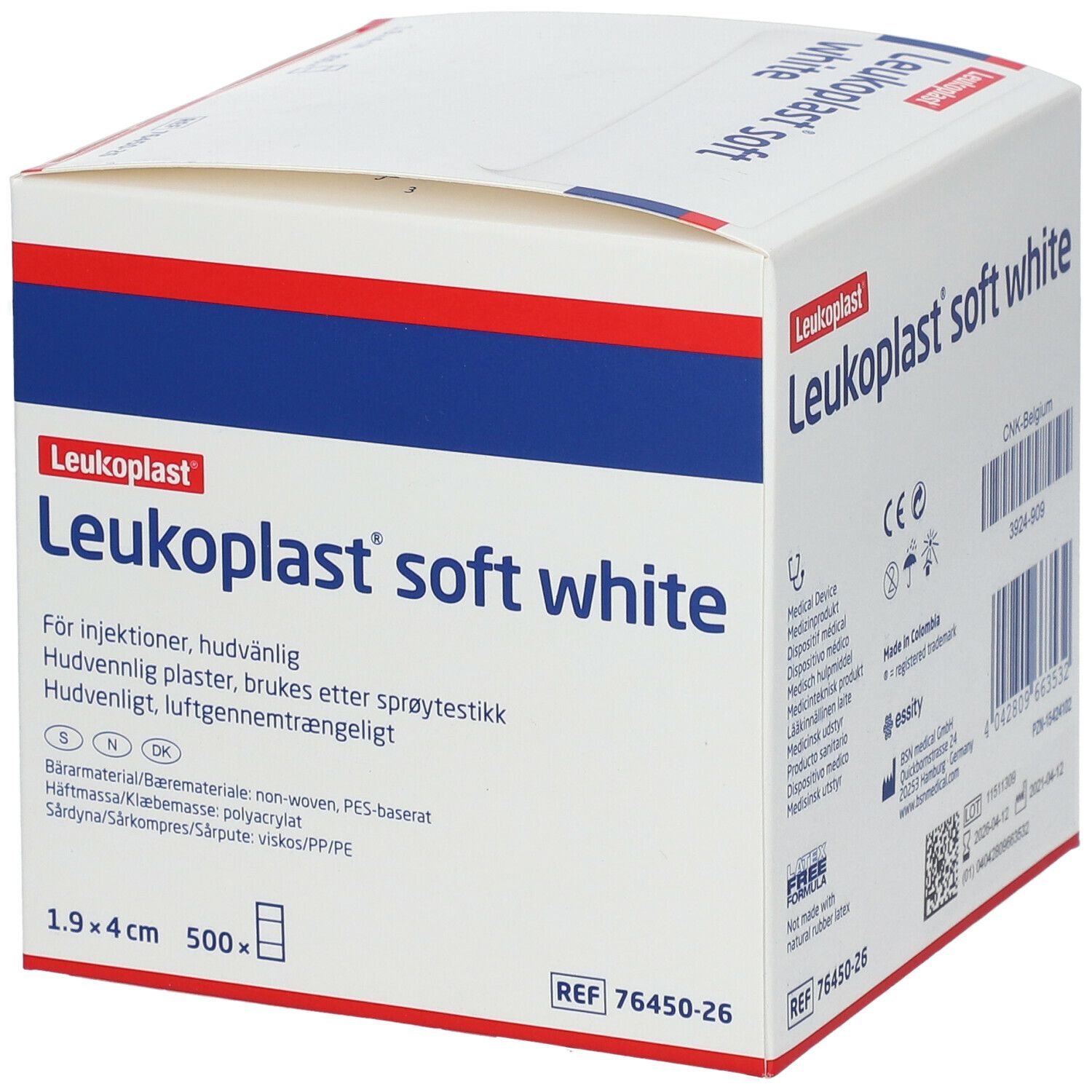 Boîte de Leukoplast® soft white. Contient 500 pansements, 1,9 x 4 cm. Inscription : Pour injections, doux pour la peau.