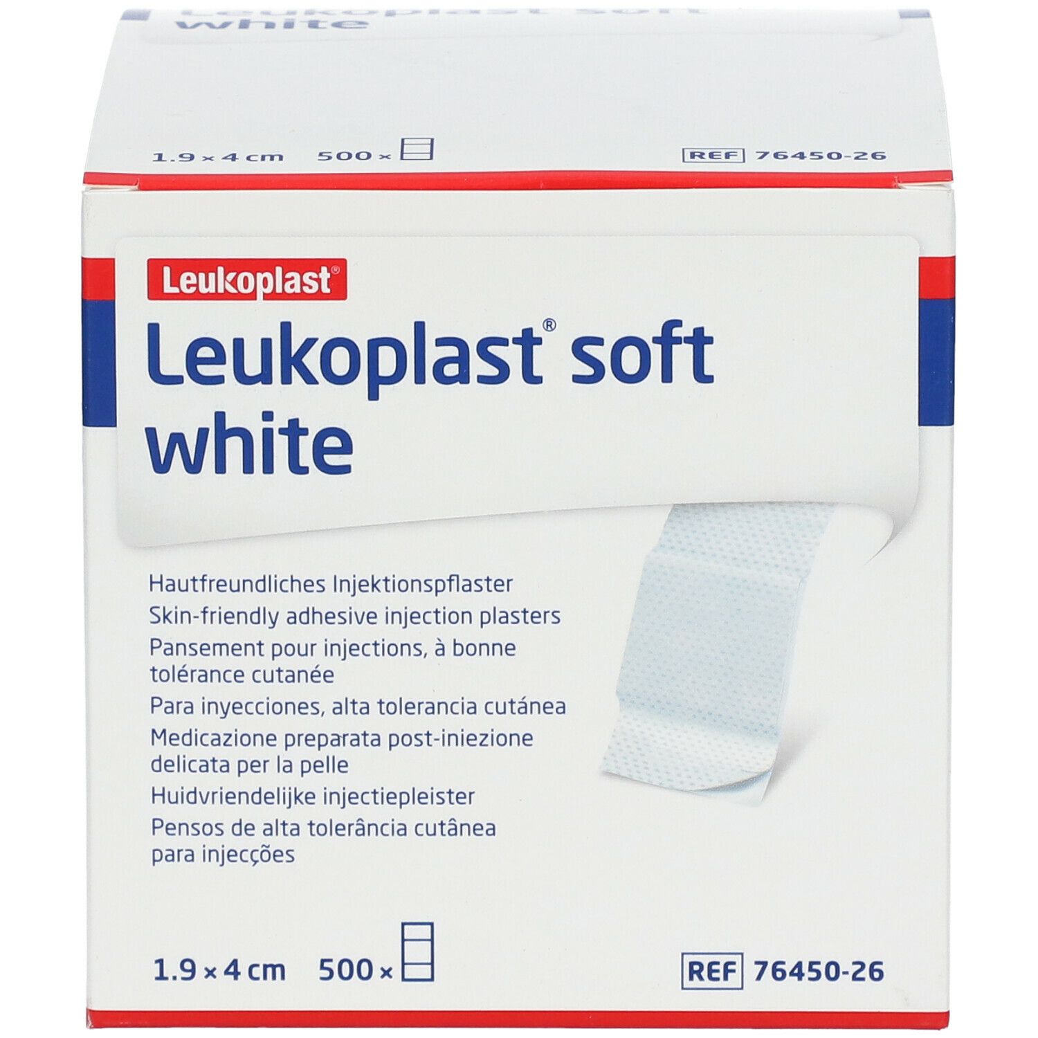 Boîte de Leukoplast® soft white. Contient 500 pansements, 1,9 x 4 cm. Inscription : Pansements pour injections, à bonne tolérance cutanée.
