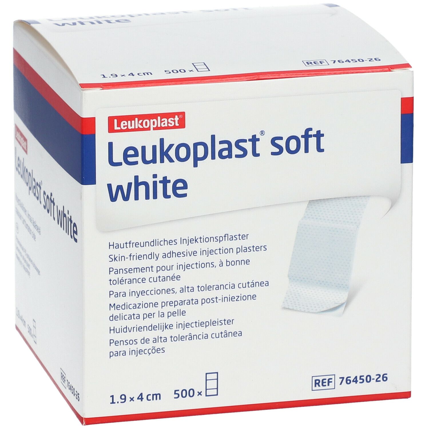 Boîte de Leukoplast® soft white. Contient 500 pansements, 1,9 x 4 cm. Inscription : Pansements pour injections, à bonne tolérance cutanée.