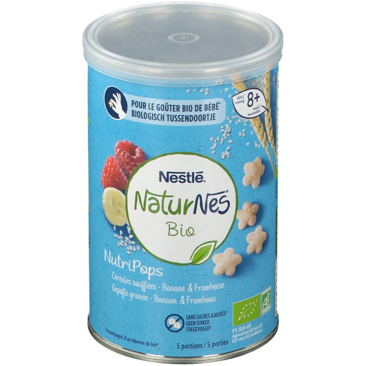 Boîte bleue Nestlé NaturNes Bio NutriPops. Images de framboises, banane et céréales. Avec couvercle. 8+ mois.