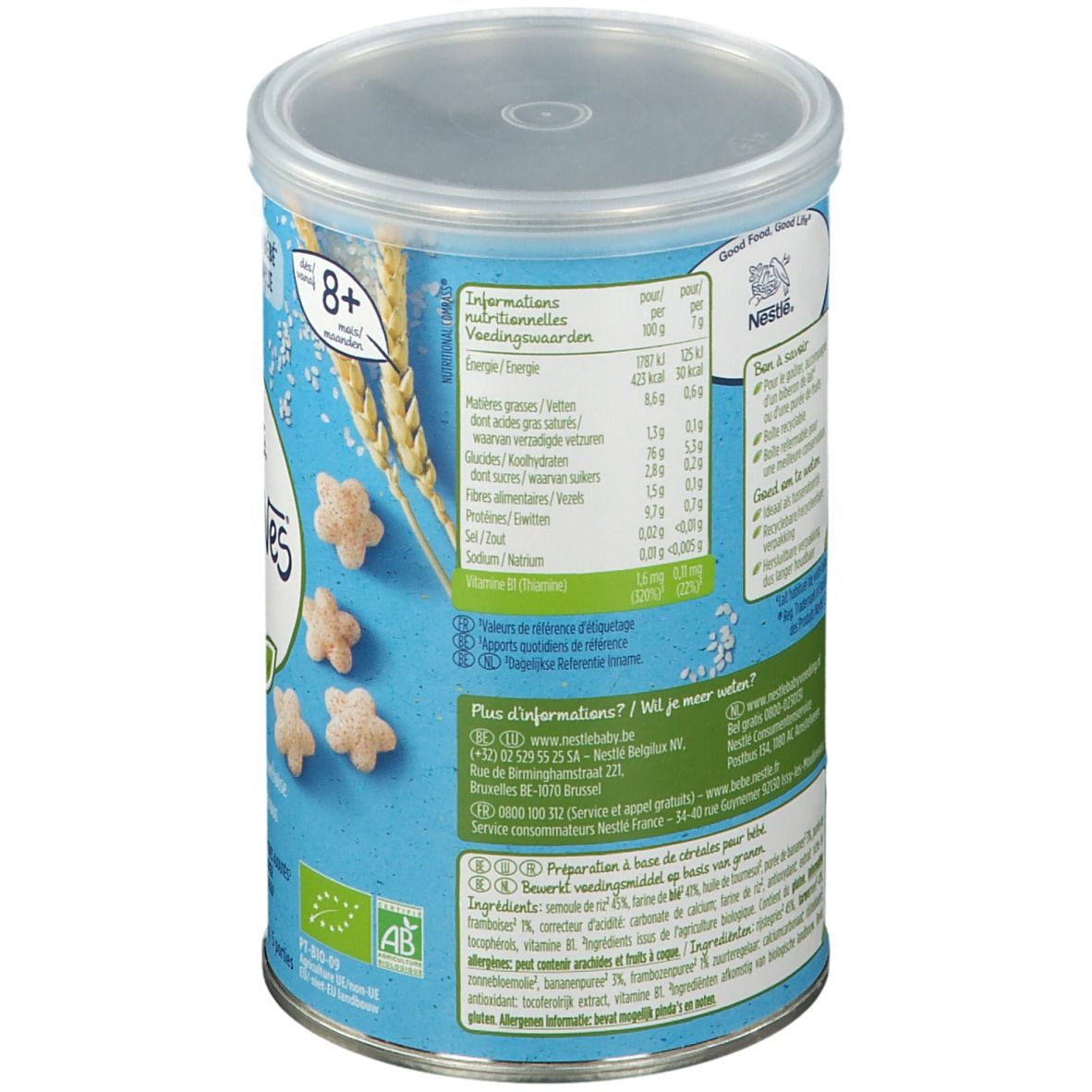 Dos de la boîte bleue avec informations nutritionnelles et informations. Nestlé NaturNes Bio NutriPops. Avec couvercle.