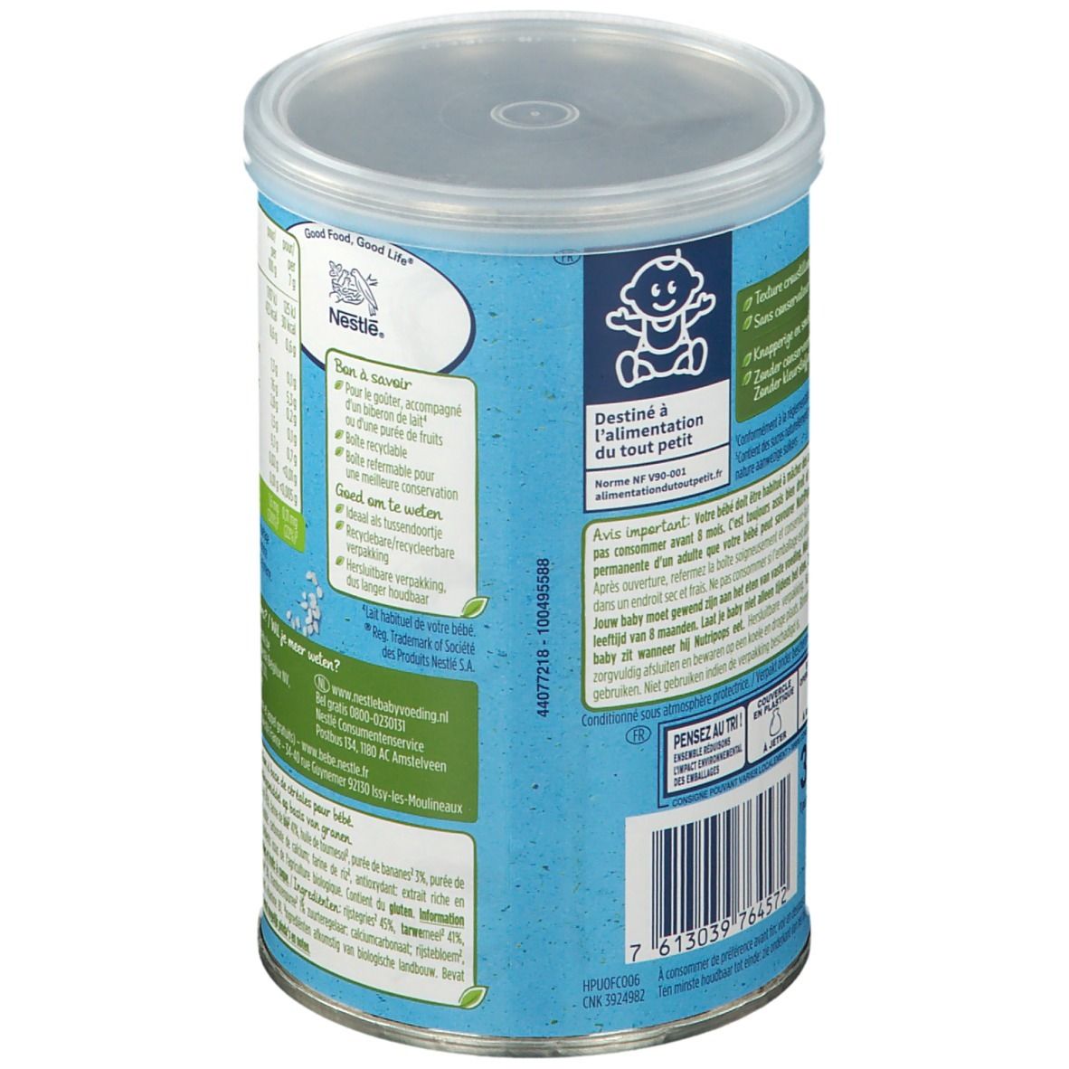 Dos de la boîte bleue avec texte et informations. Nestlé NaturNes Bio NutriPops. Avec couvercle.