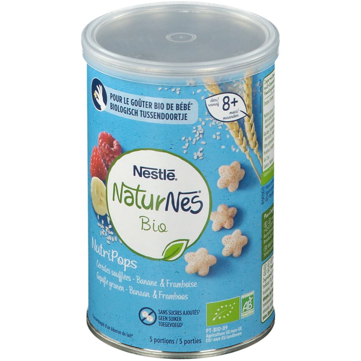 Boîte bleue Nestlé NaturNes Bio NutriPops. Images de framboises, banane et céréales. Avec couvercle. 8+ mois.