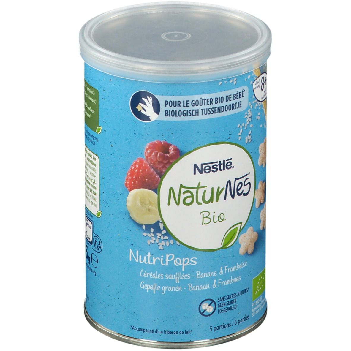 Boîte bleue Nestlé NaturNes Bio NutriPops. Images de framboises, banane et céréales. Avec couvercle. 8+ mois.