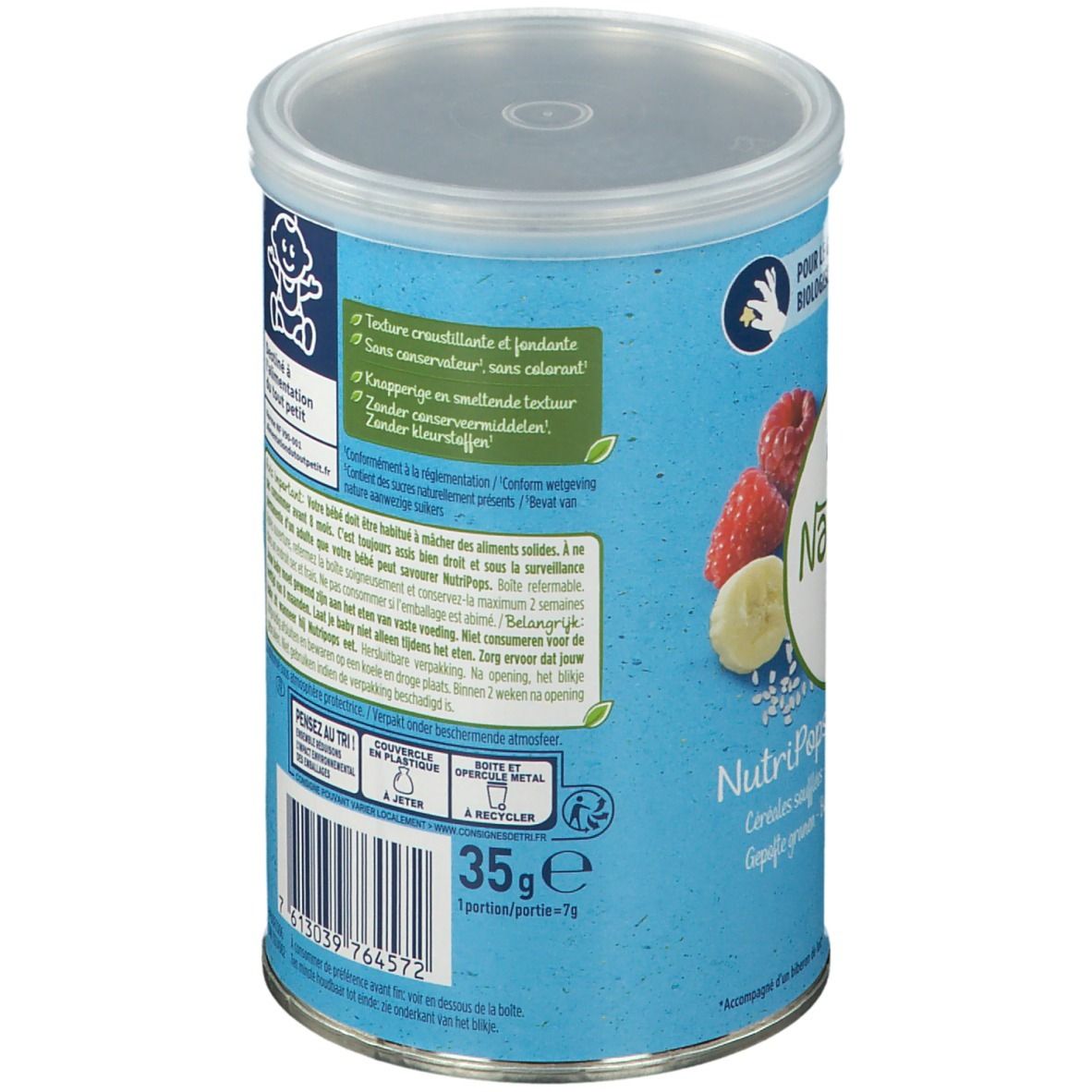 Boîte bleue Nestlé NaturNes Bio NutriPops. Images de framboises, banane et céréales. Avec couvercle. 35g.