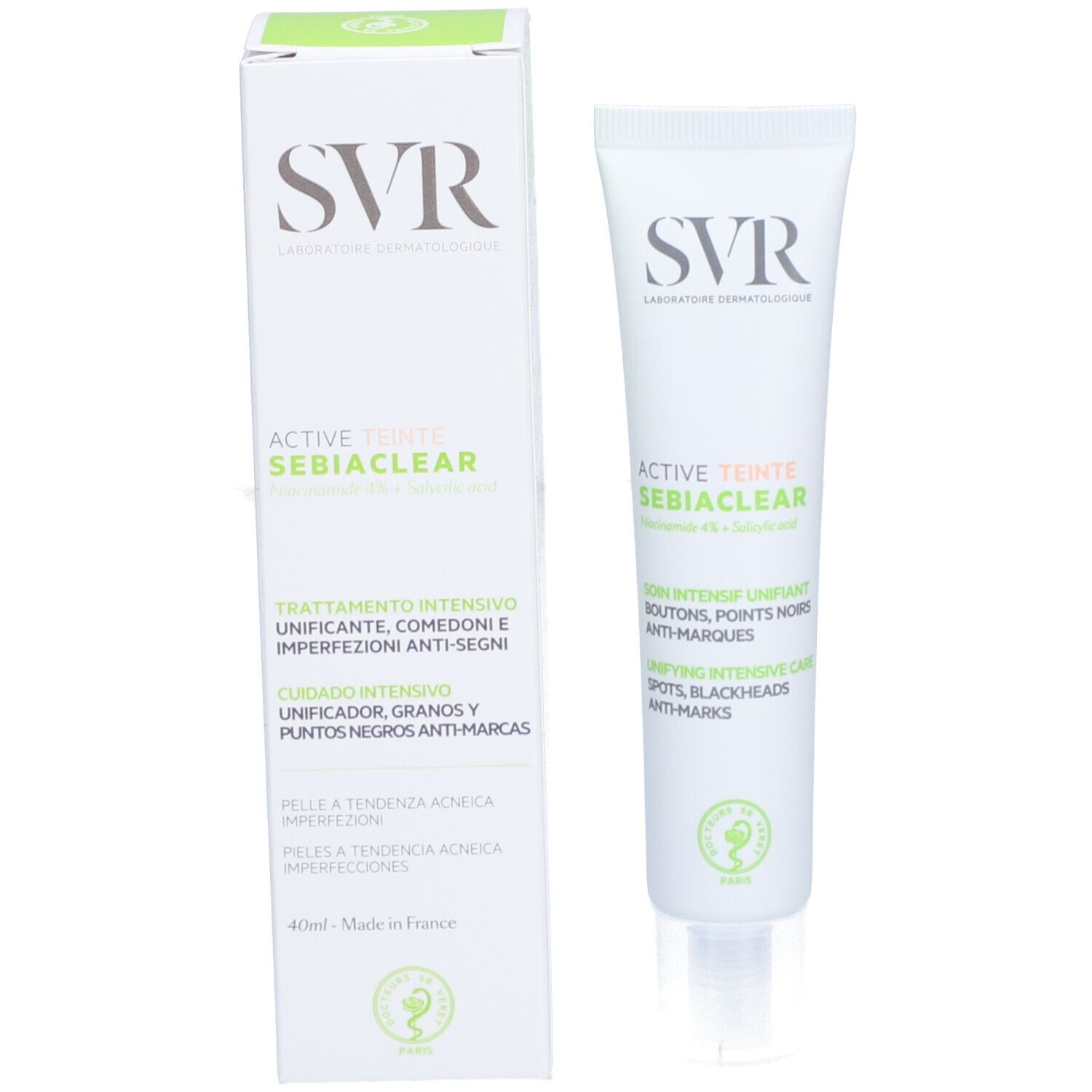 Emballage produit avec tube. Boîte et tube blancs. Logo SVR et nom du produit. Texte français.