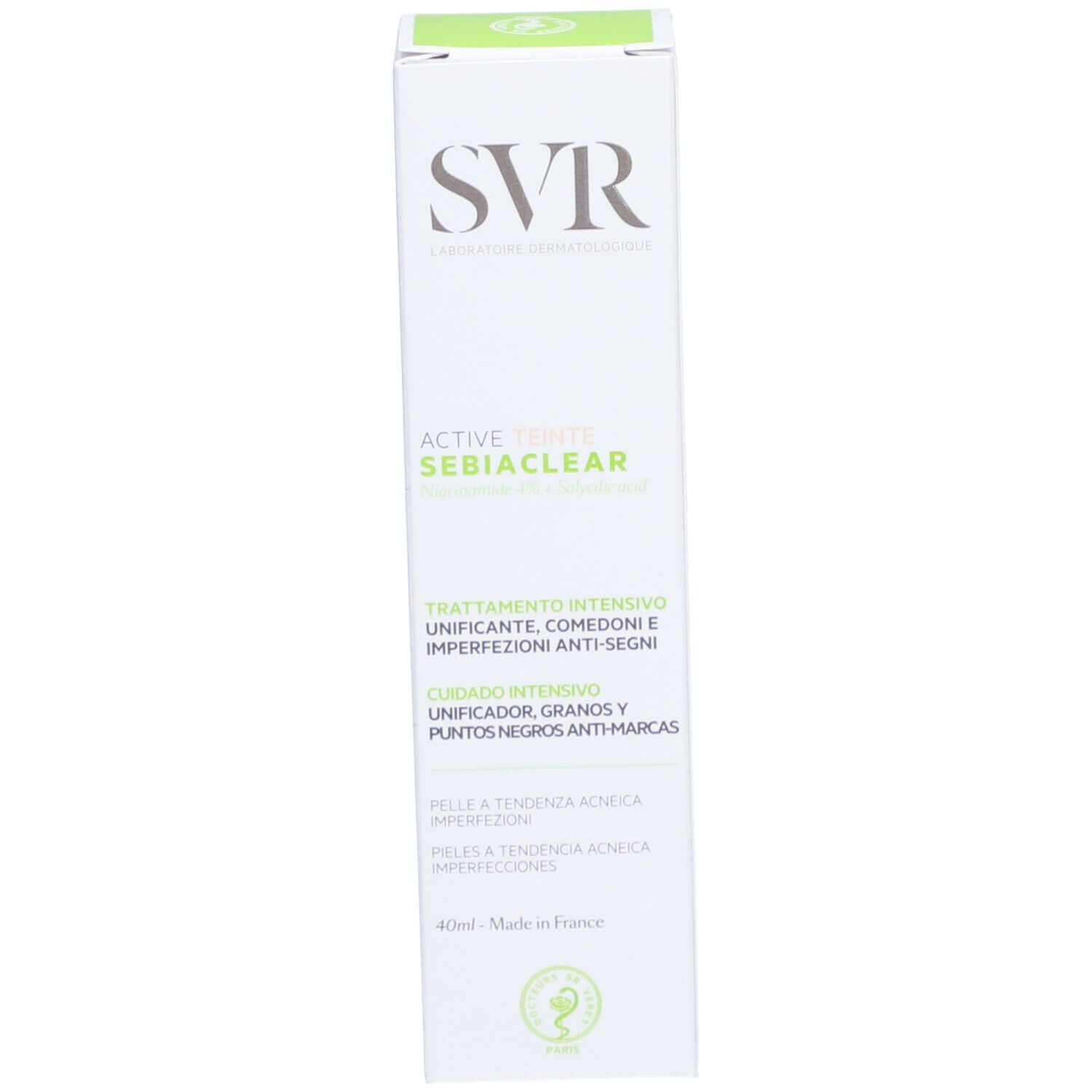 Boîte blanche avec logo SVR et nom du produit. Texte français. Label vert.
