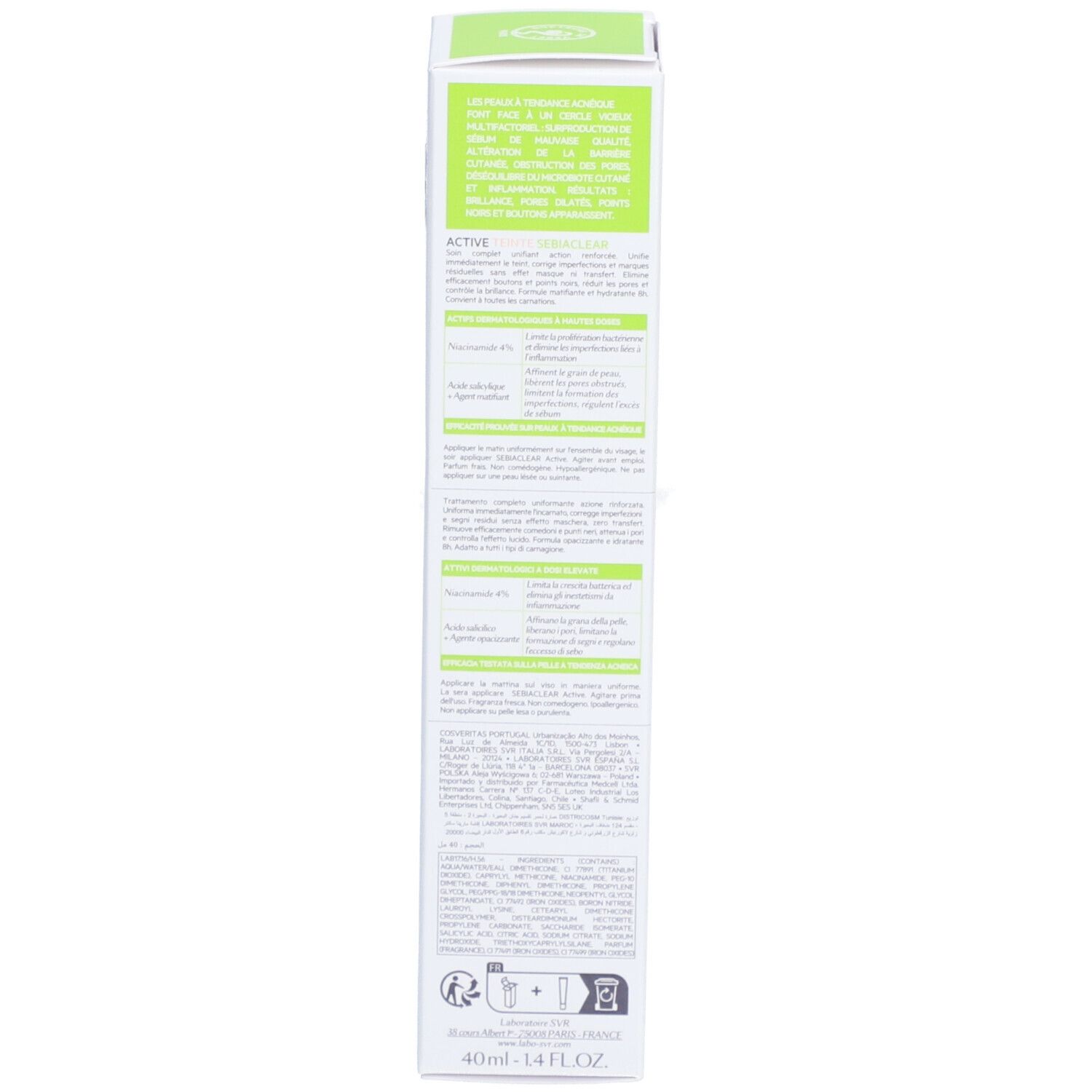 Dos de l'emballage du produit. Texte multilingue, dont français. 40 ml.