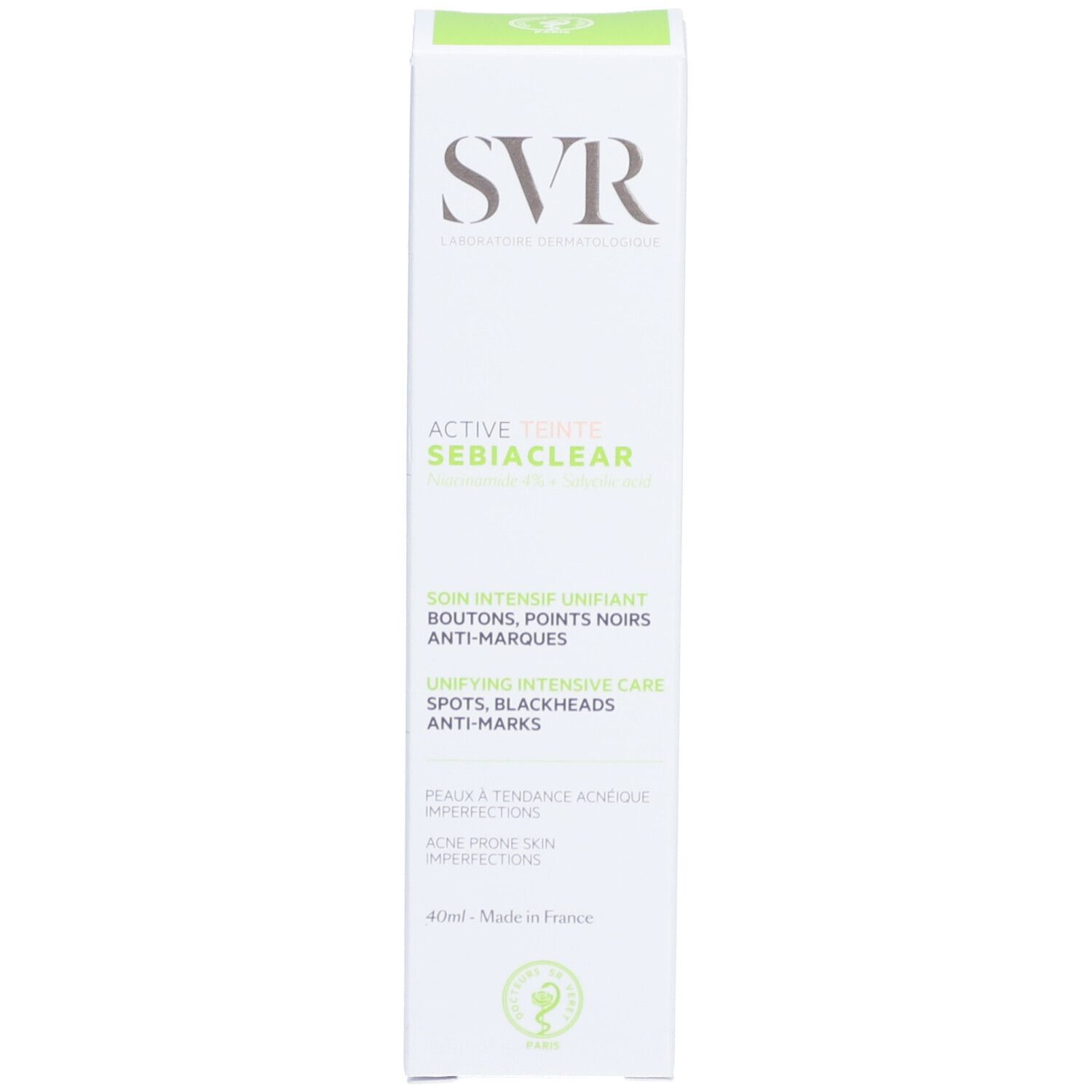 Boîte blanche avec logo SVR et nom du produit. Texte français. Label vert.