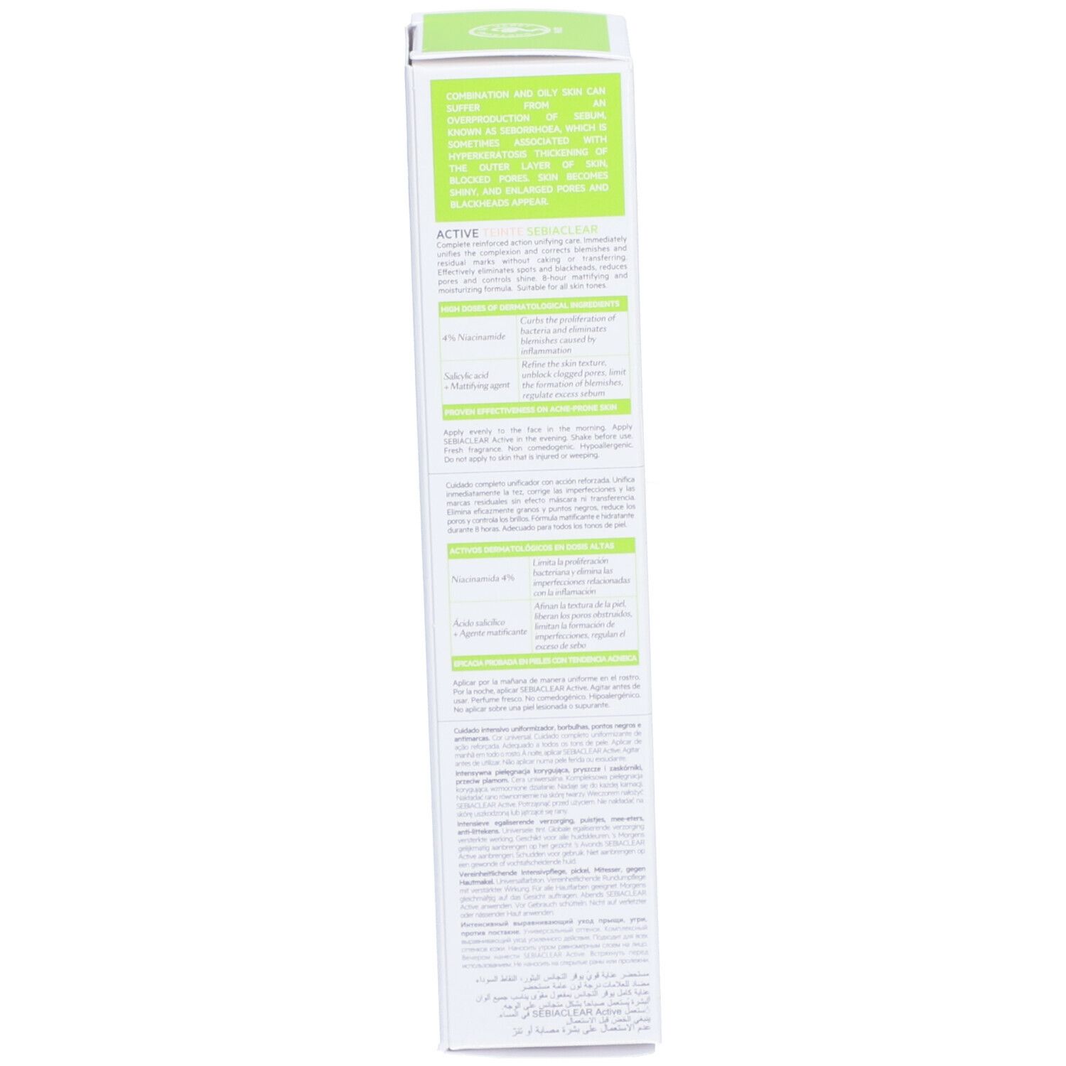 Dos de l'emballage du produit. Texte multilingue, dont français. 40 ml.