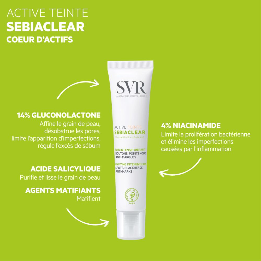 Produit sur fond vert. Tube avec logo SVR et nom du produit. Texte français. Graphiques.