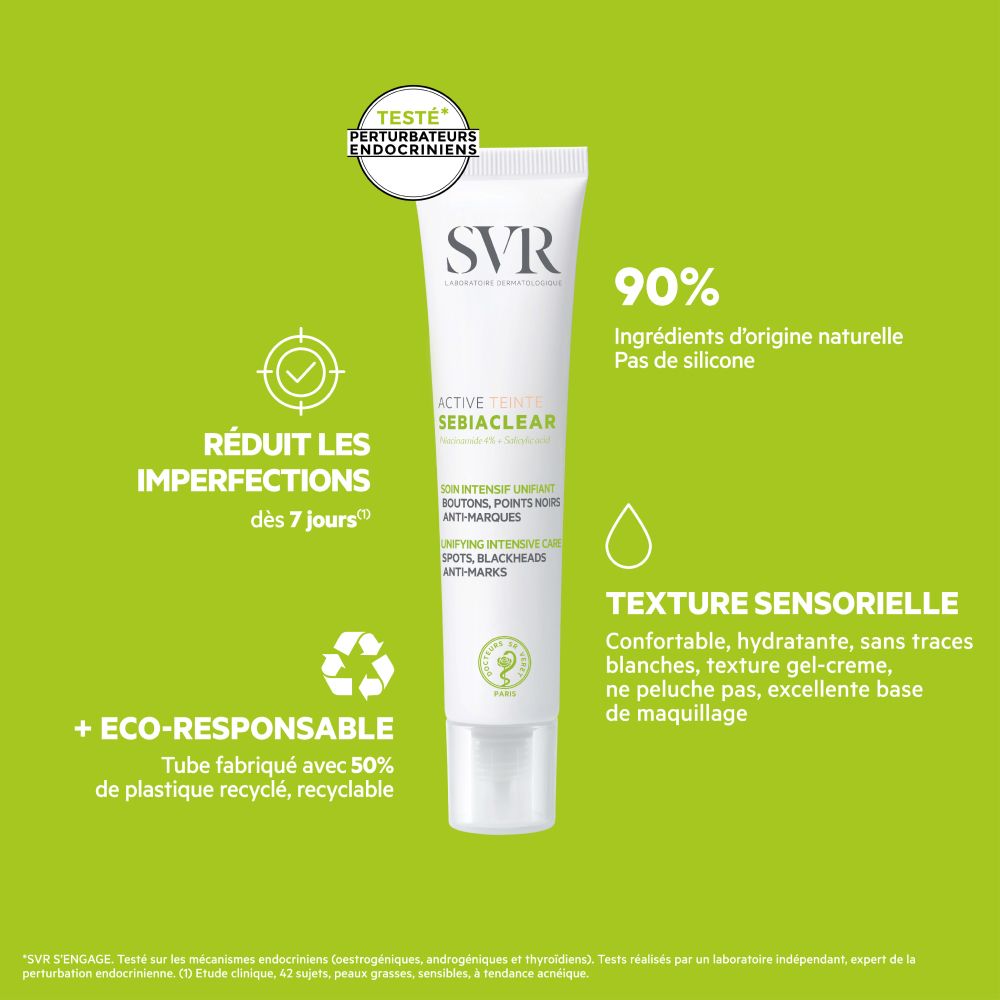 Produit sur fond vert. Tube avec logo SVR et nom du produit. Texte français. Graphiques.