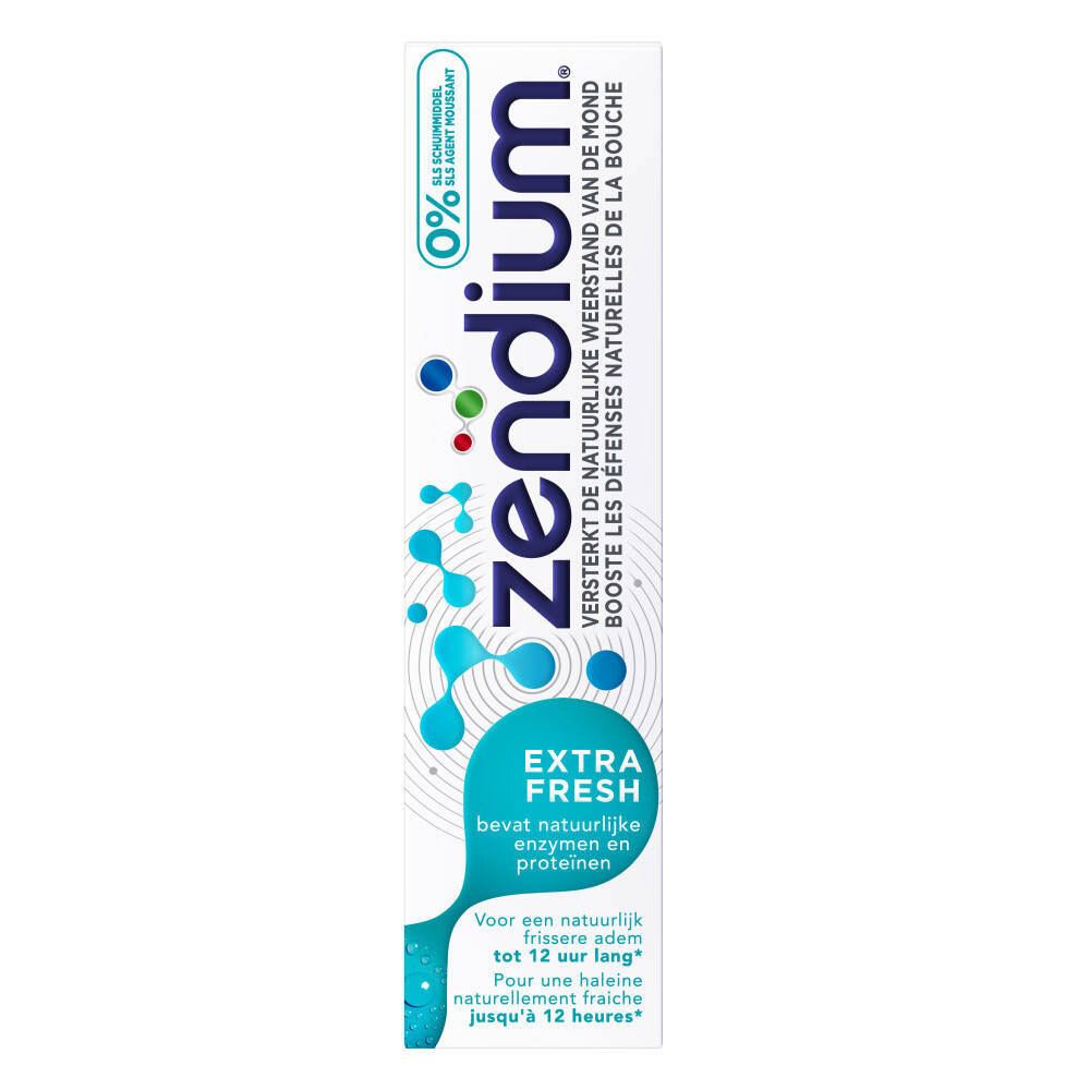 Tube de dentifrice Zendium Extra Fresh. Inscription : renforce les défenses naturelles de la bouche. Contient des enzymes et protéines.