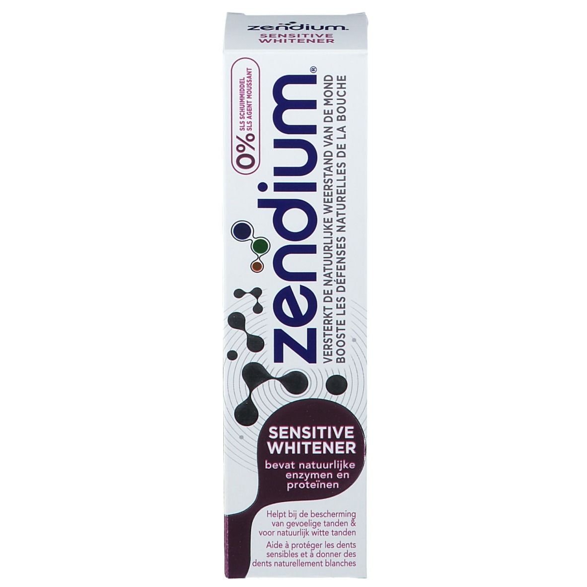 Schachtel, weiß mit lila Akzenten. Aufschrift: Zendium, Sensitive Whitener. Enthält Enzyme und Proteine. 0% SLS.