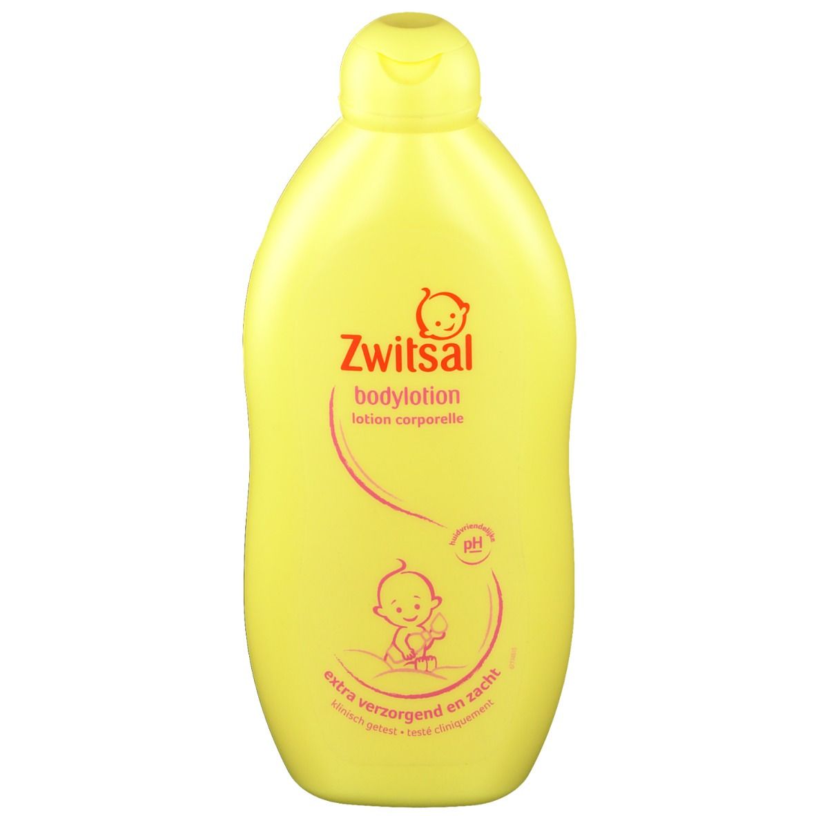 Flacon jaune de lotion corporelle Zwitsal. Logo bébé et indication du pH.