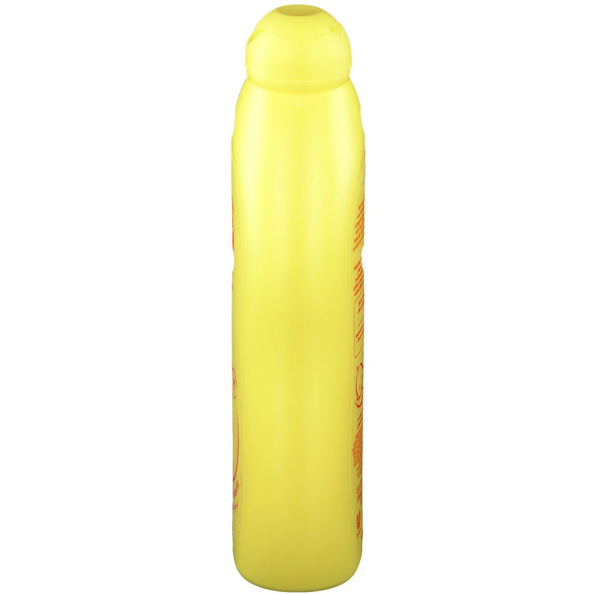 Flacon jaune allongé. Informations produit imprimées sur un côté.