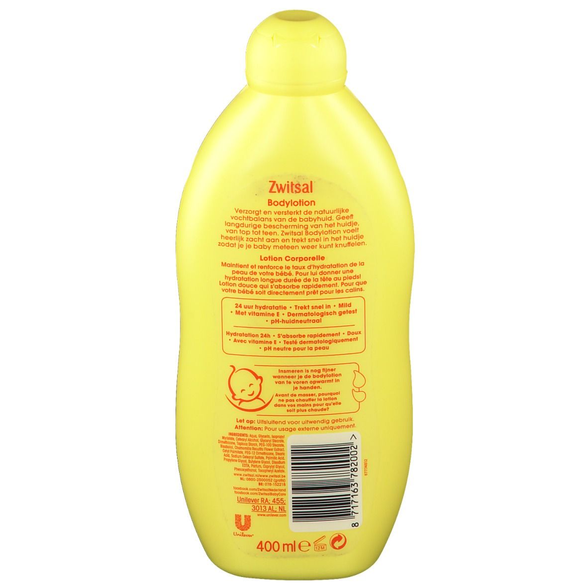 Dos d'un flacon jaune de lotion corporelle Zwitsal. Contient du texte et un logo.