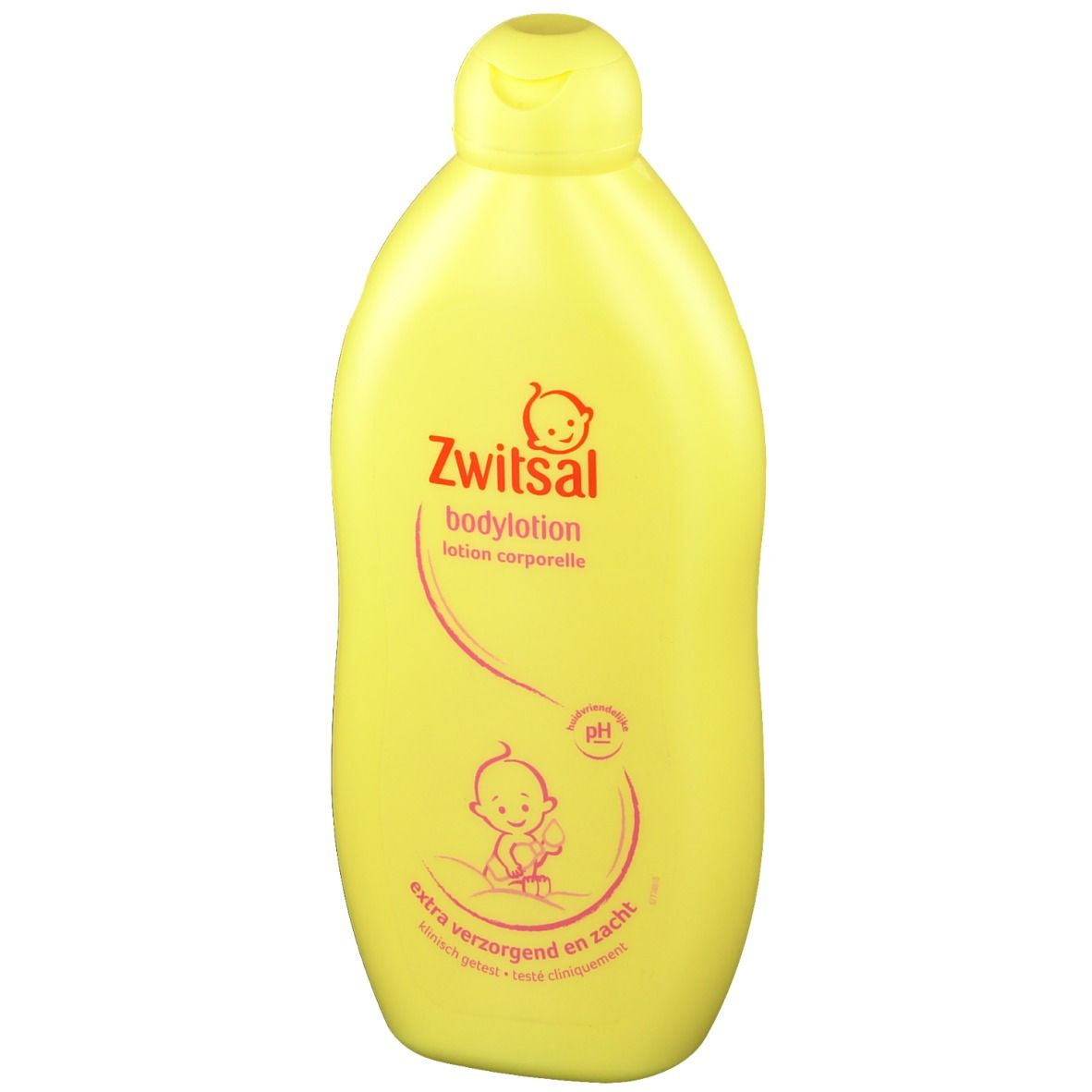 Flacon jaune de lotion corporelle Zwitsal. Logo bébé et indication du pH.