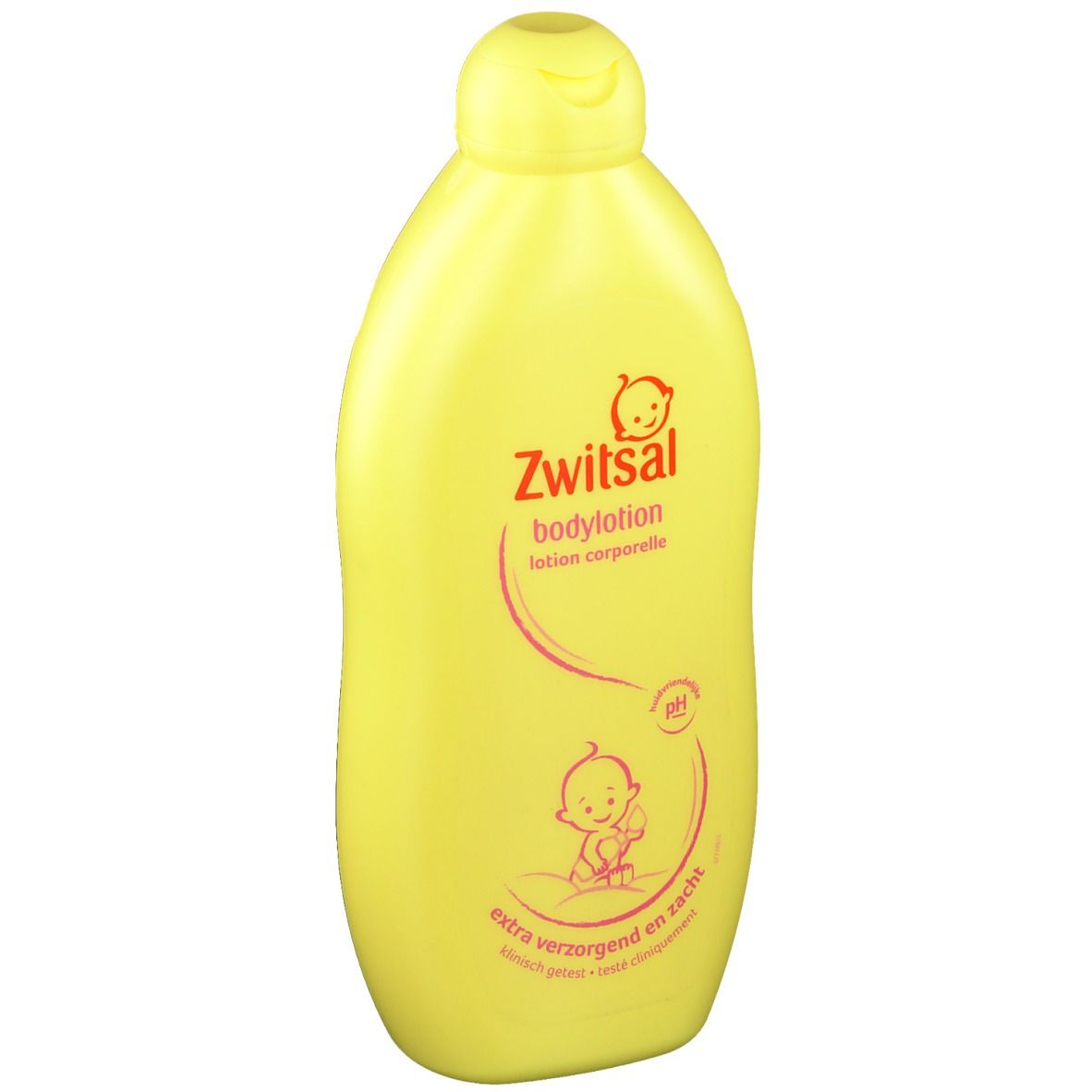 Flacon jaune de lotion corporelle Zwitsal. Logo bébé et indication du pH.