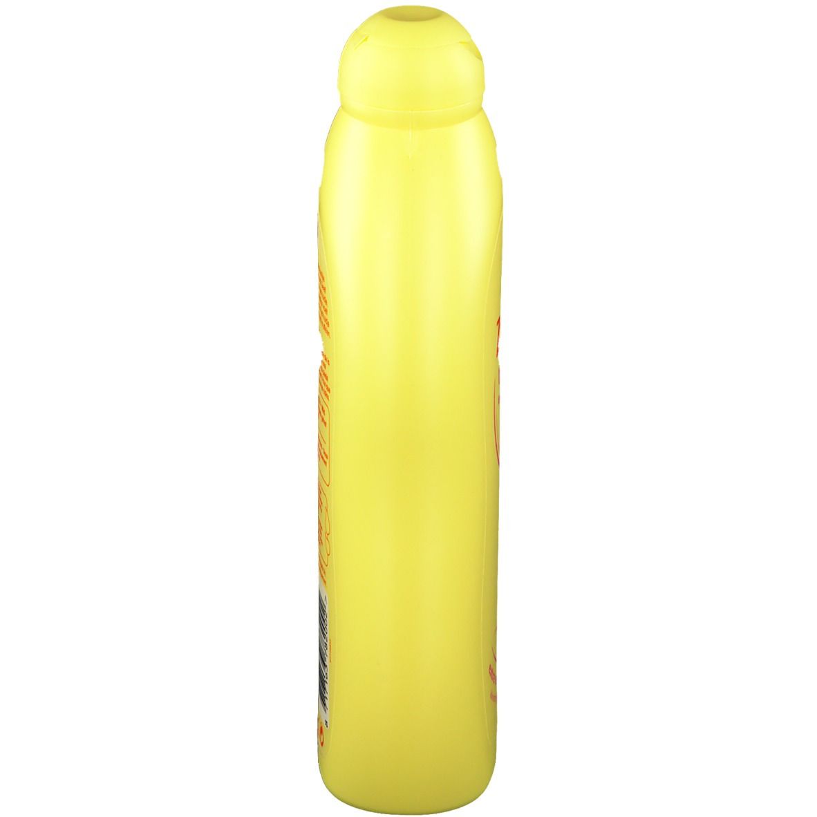 Flacon jaune allongé. Informations produit imprimées sur un côté.