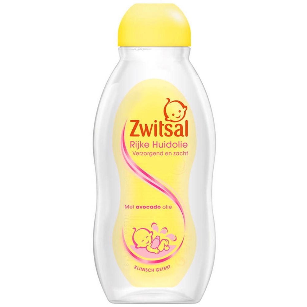Transparante fles Zwitsal babyolie met gele dop. Geel etiket met logo en tekst. Bevat avocado-olie. Klinisch getest.