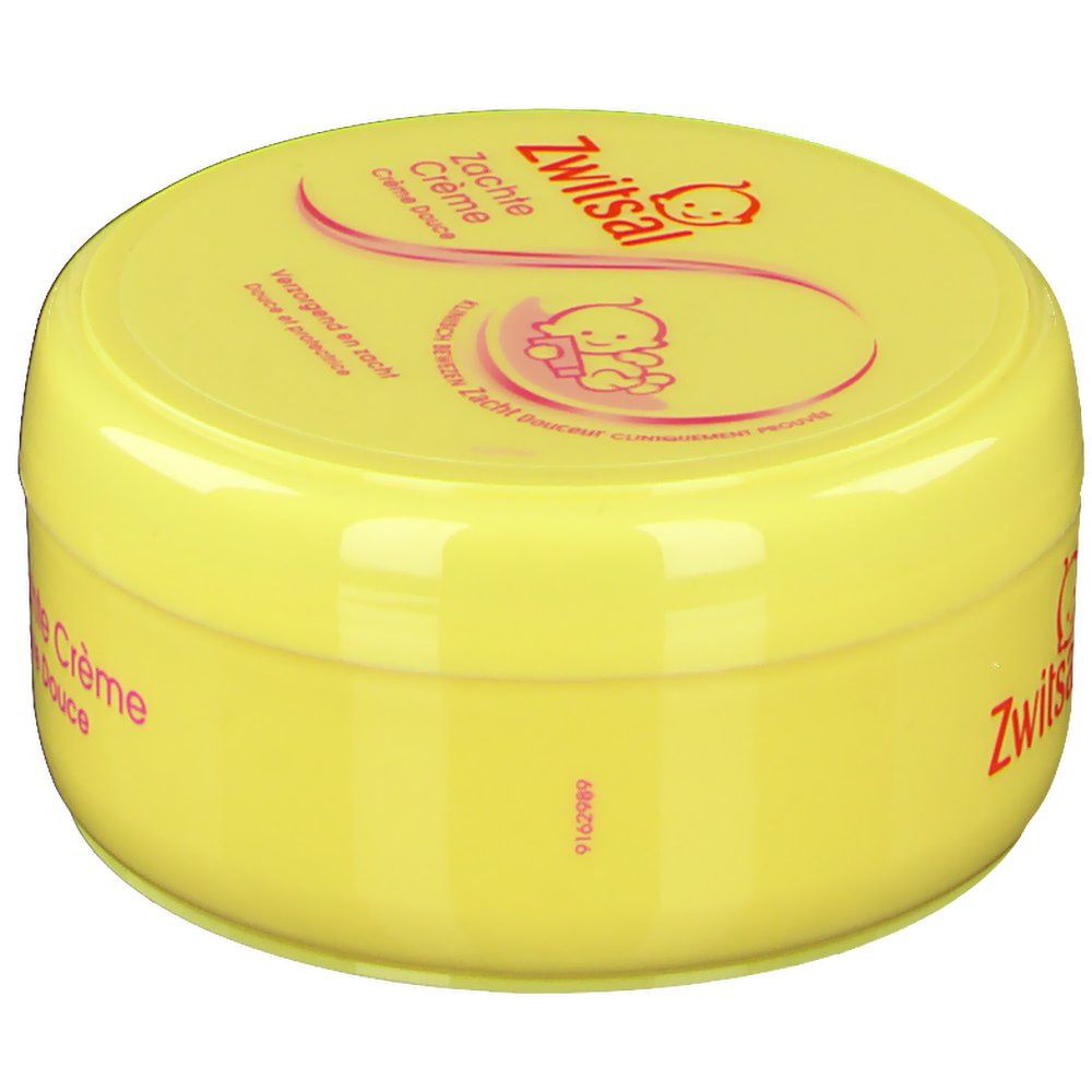 Pot jaune avec logo Zwitsal rouge et texte 'Zachte Crème'. Ligne rose incurvée avec illustration de bébé.
