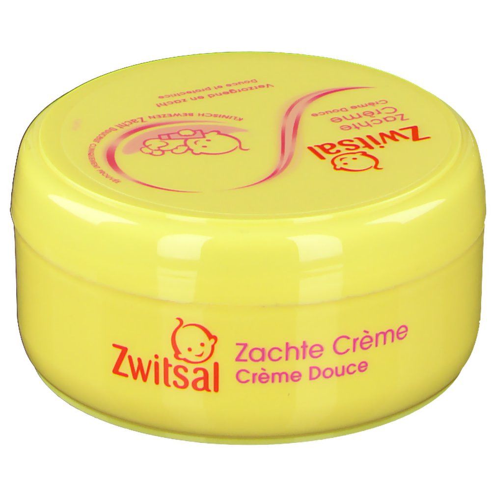 Pot jaune avec logo Zwitsal rouge et texte 'Zachte Crème'. Ligne rose incurvée avec illustration de bébé.
