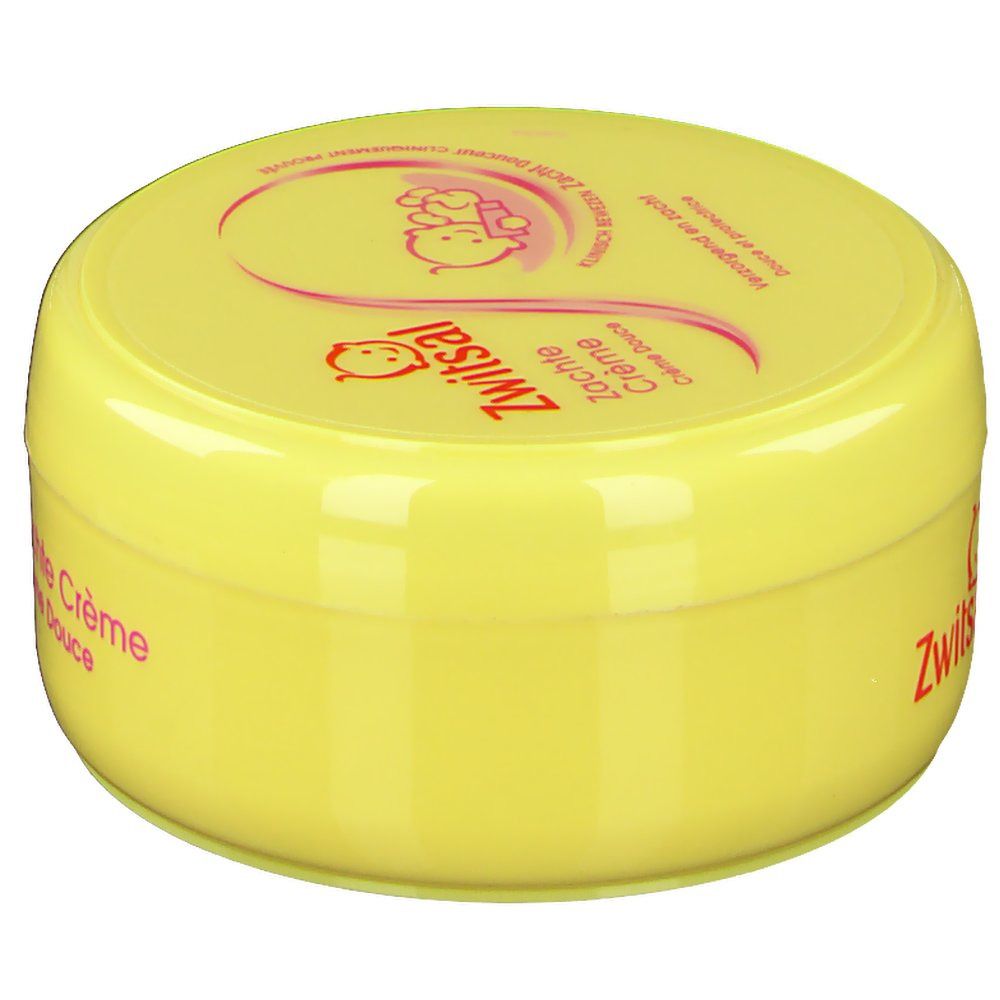 Pot jaune avec logo Zwitsal rouge et texte 'Zachte Crème'. Ligne rose incurvée avec illustration de bébé.