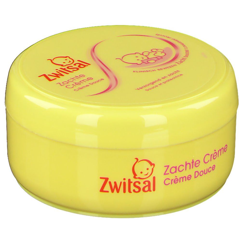 Pot jaune avec logo Zwitsal rouge et texte 'Zachte Crème'. Ligne rose incurvée avec illustration de bébé.