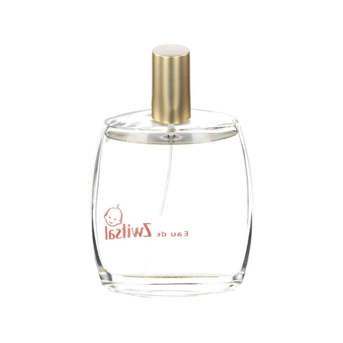 Flacon en verre transparent avec vaporisateur doré. Inscription rouge: Eau de Zwitsal. Logo: tête de bébé.