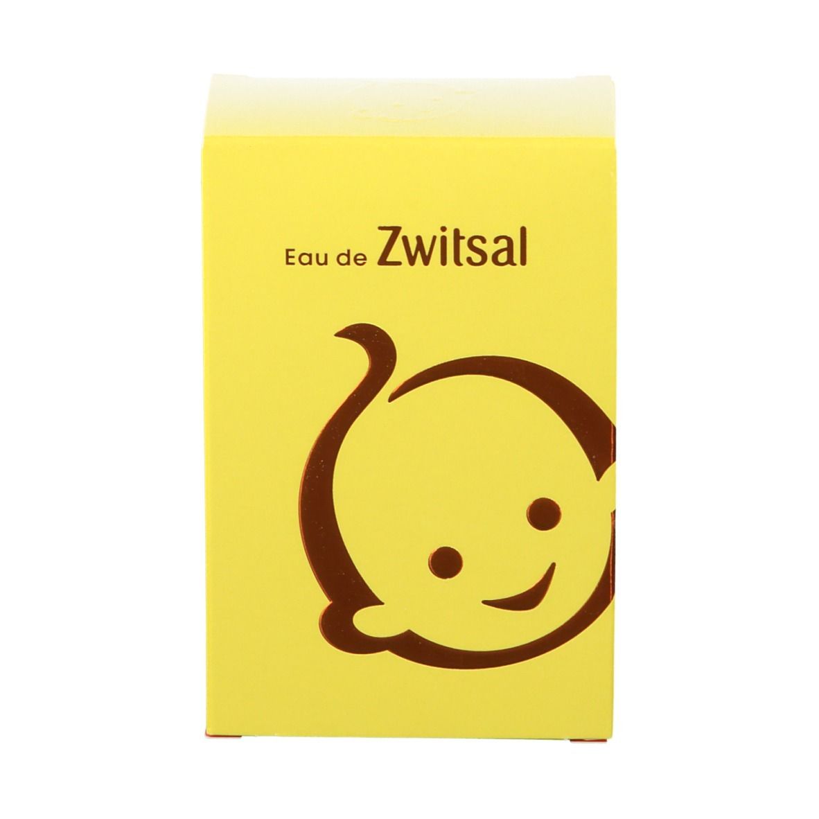 Boîte jaune avec logo tête de bébé marron et inscription Eau de Zwitsal.