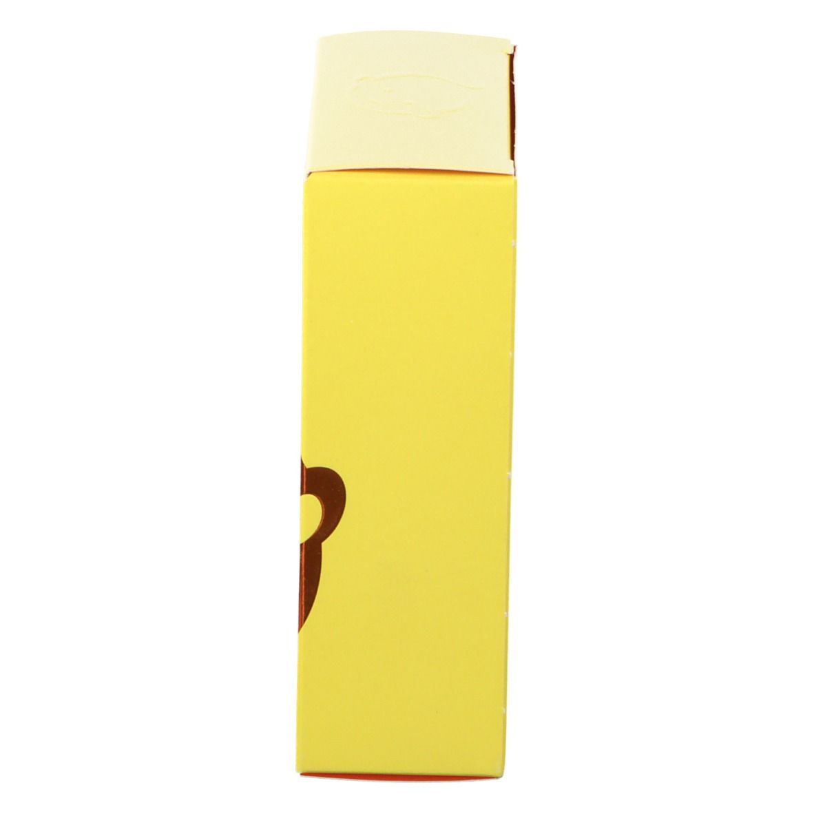 Boîte jaune allongée. Dessus: jaune clair. Côté: logo tête de bébé marron.