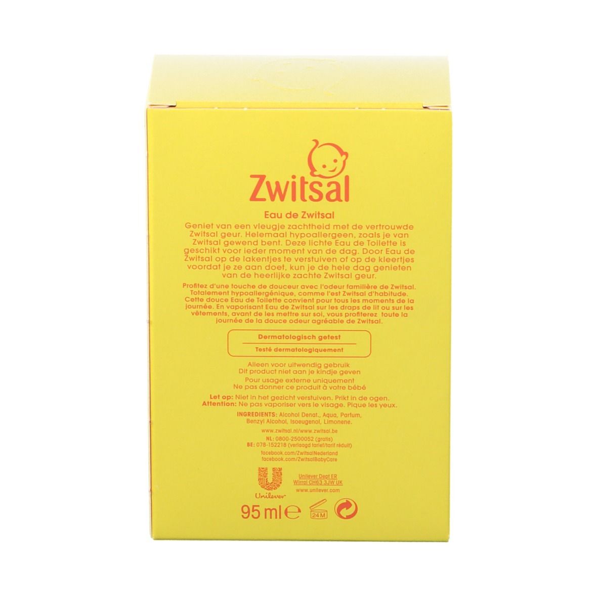 Dos de la boîte jaune. Texte multilingue. Logo: Zwitsal, tête de bébé. Contenu: 95 ml.