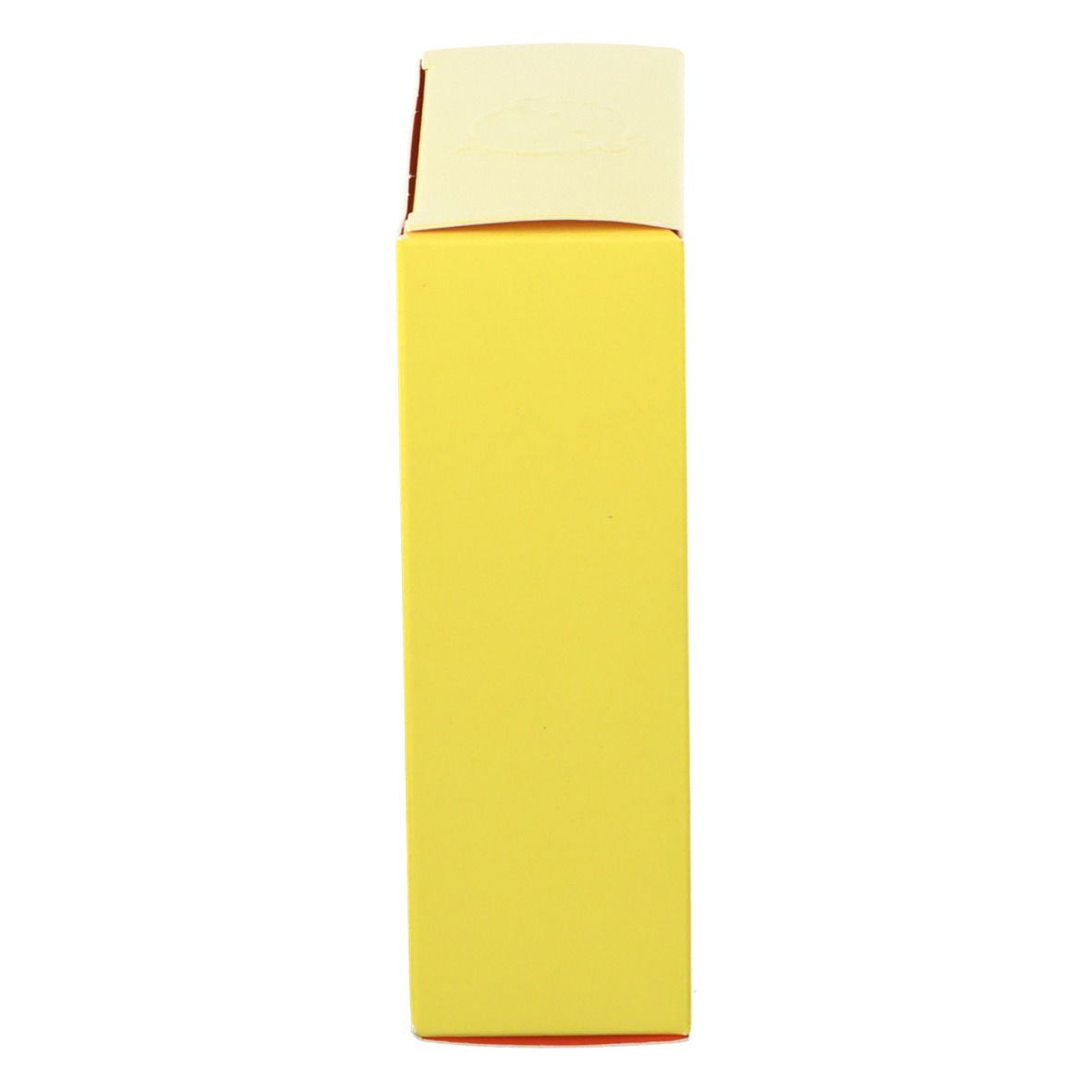 Boîte jaune allongée. Dessus: jaune clair. Côté: logo tête de bébé marron.
