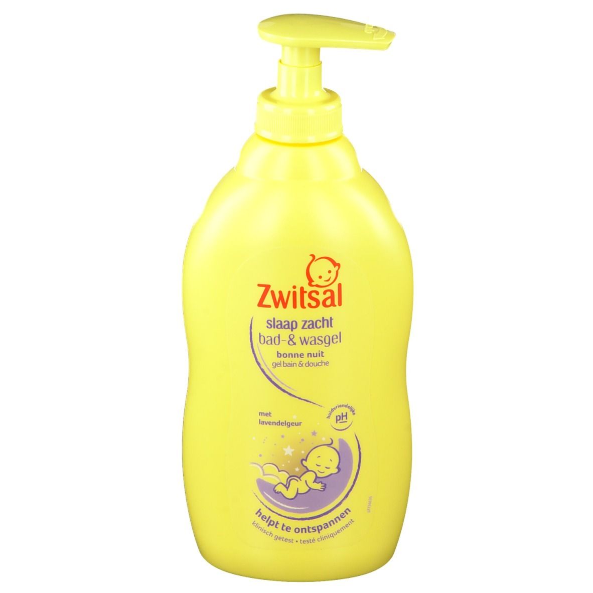 Gele fles met doseerpomp. Opschrift: Zwitsal Schlaf sanft Bad- & Wasgel. Met lavendelgeur. pH-waarde.