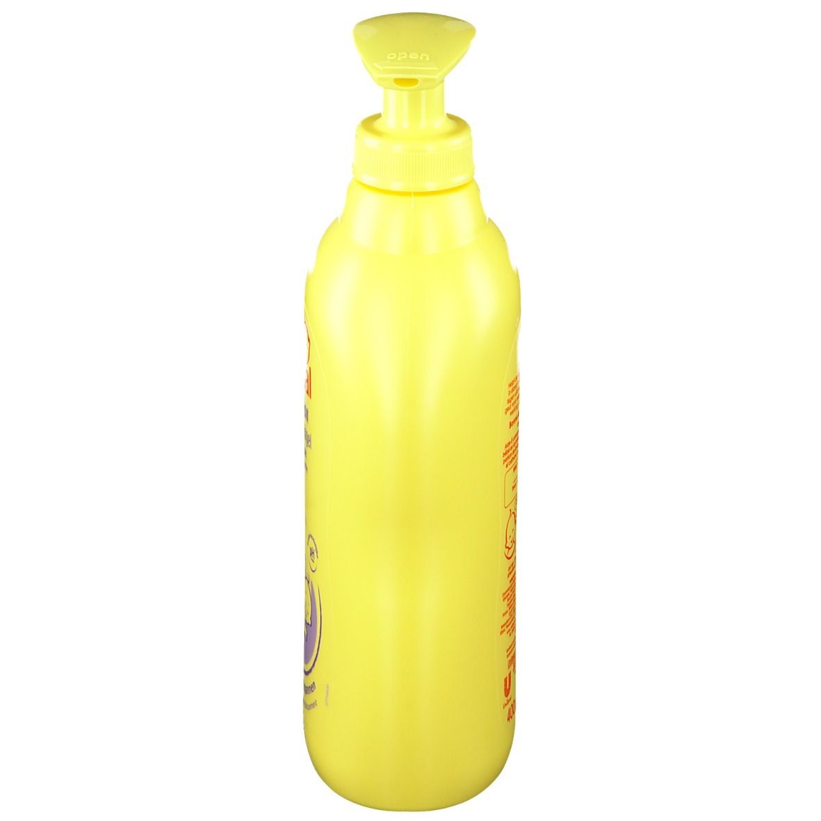 Gele fles met doseerpomp. Zijaanzicht. Opschrift niet leesbaar.