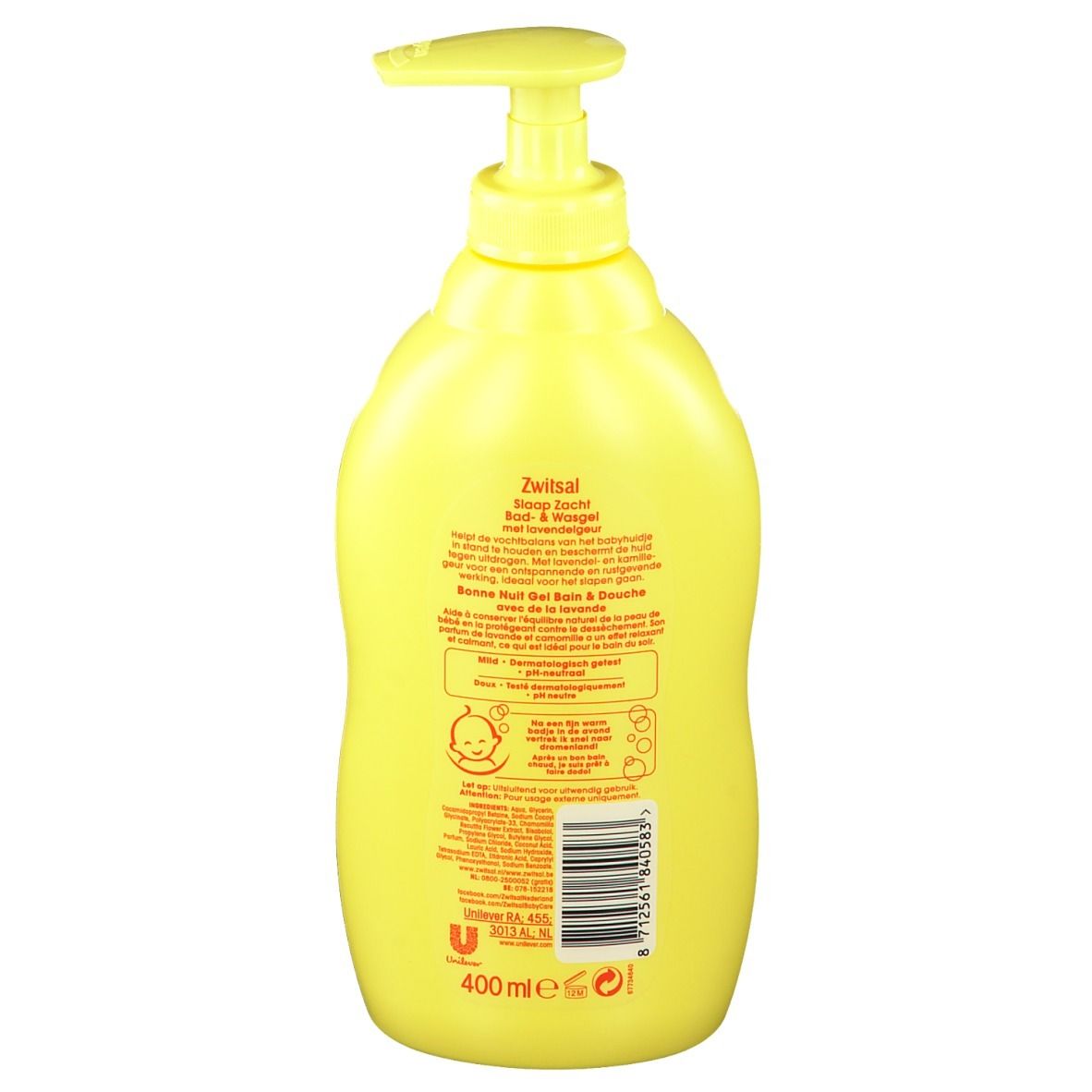 Gele fles met doseerpomp. Achteraanzicht. Opschrift: Zwitsal Schlaf sanft Bad- & Wasgel. 400 ml.