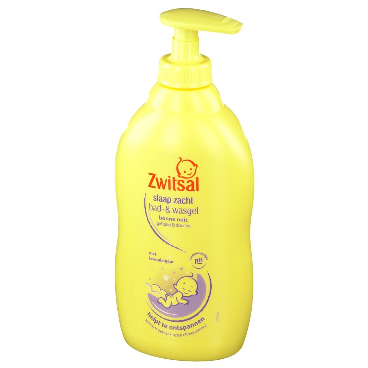 Gele fles met doseerpomp. Opschrift: Zwitsal Schlaf sanft Bad- & Wasgel. Met lavendelgeur. pH-waarde.