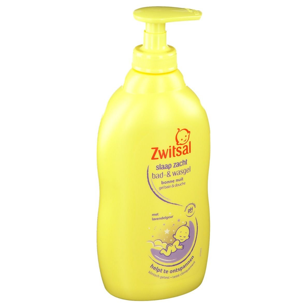 Gele fles met doseerpomp. Opschrift: Zwitsal Schlaf sanft Bad- & Wasgel. Met lavendelgeur. pH-waarde.