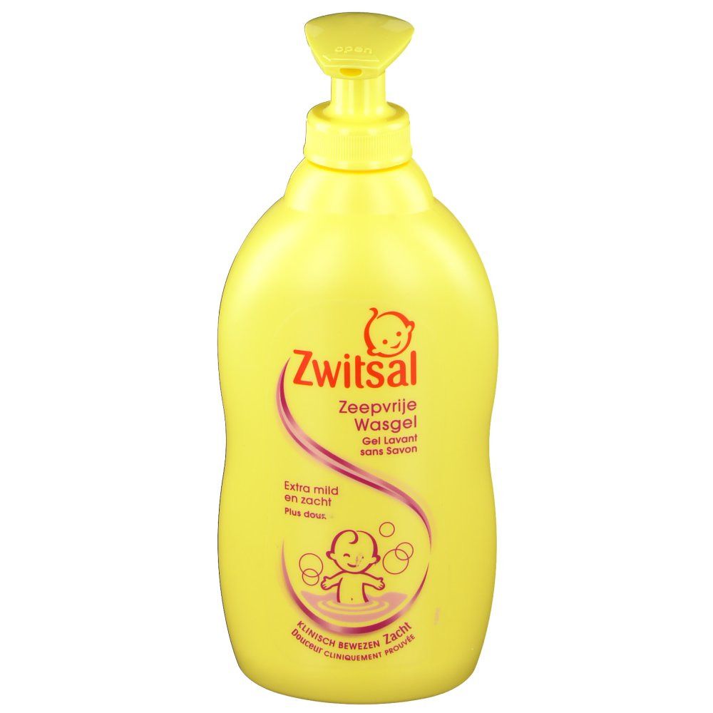 Gele fles met doseerpomp. Opschrift: Zwitsal Zeepvrije Wasgel. Afbeelding van een baby.