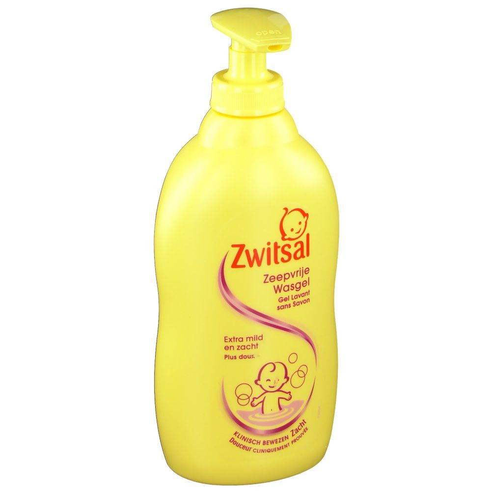 Gele fles met doseerpomp. Opschrift: Zwitsal Zeepvrije Wasgel. Afbeelding van een baby.