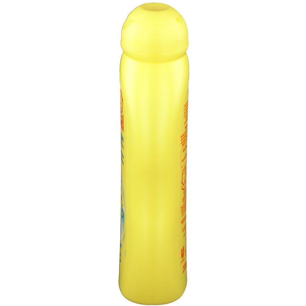 Flacon jaune allongé, vue latérale. Sans autres détails.