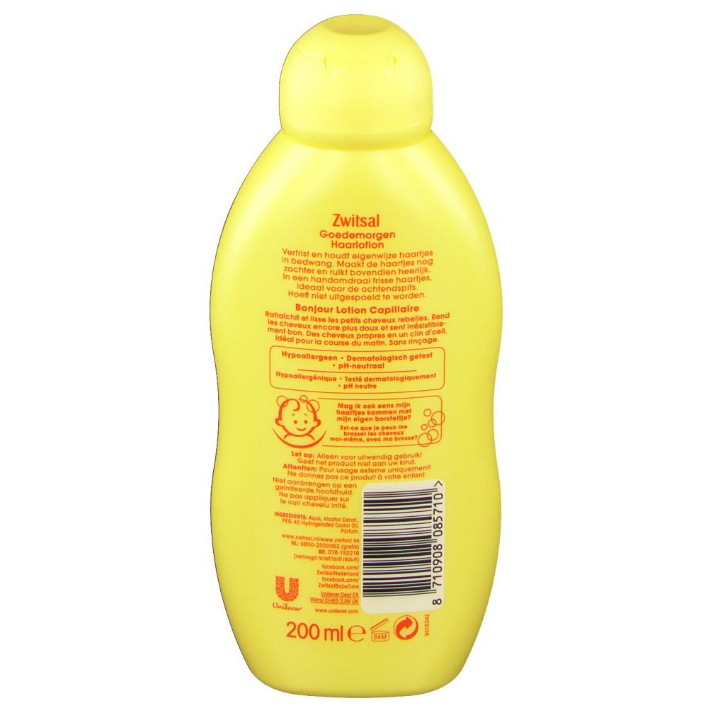 Dos d'un flacon jaune Zwitsal. Texte multilingue.