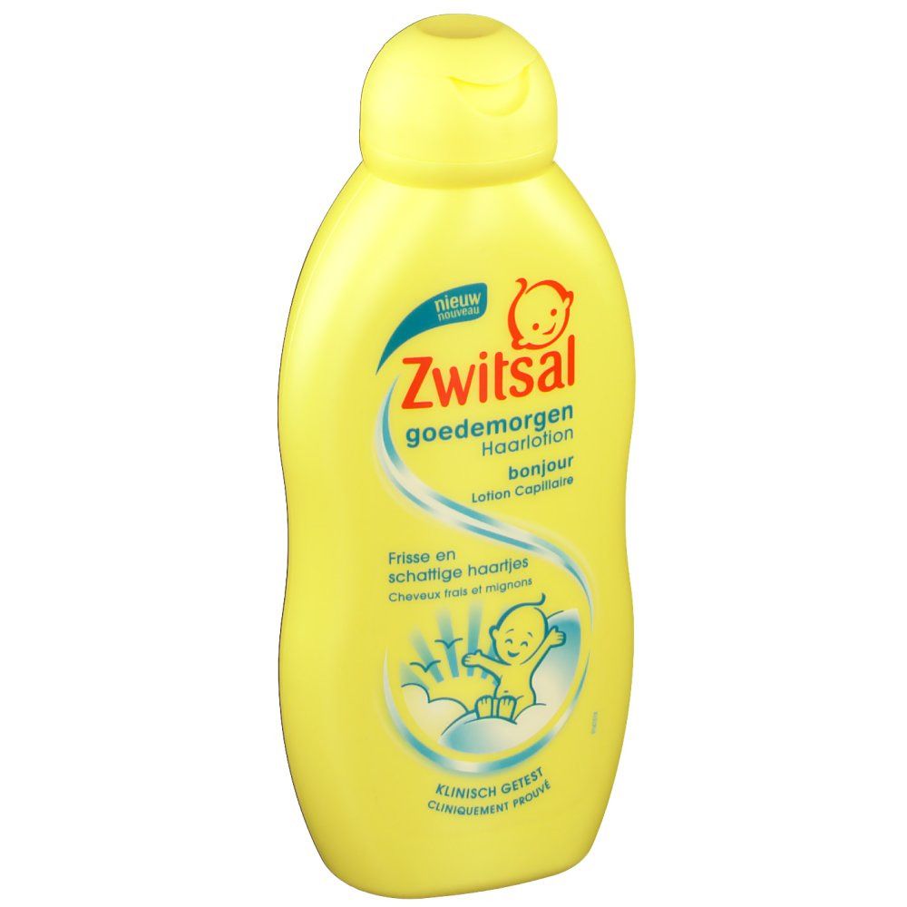 Flacon jaune Zwitsal. Inscription 'goedemorgen Haarwasser'.