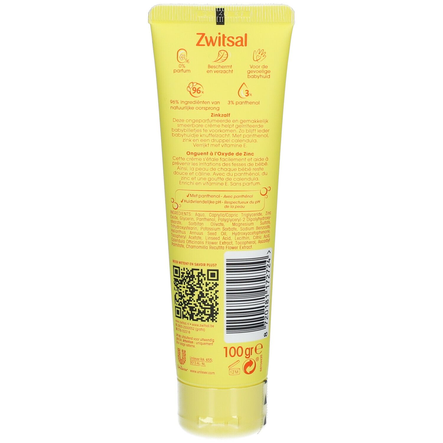 Rückseite der Zwitsal Zinksalbe Baby Tube. Textinformationen, QR-Code und '100g e'.