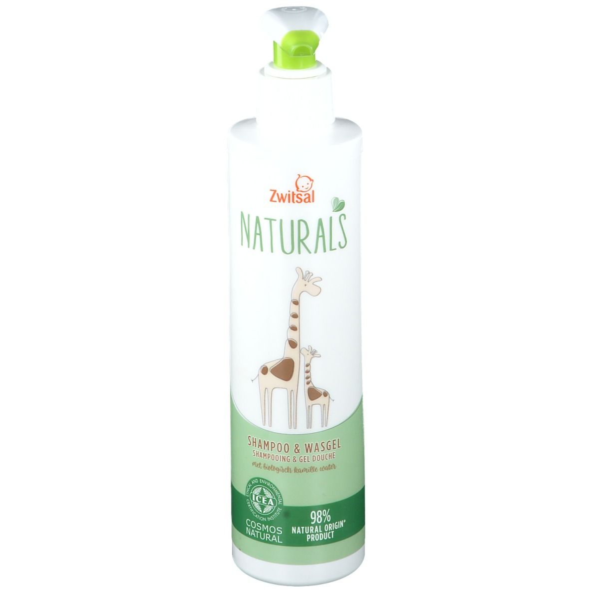 Witte fles met groene pomp. Opschrift Zwitsal Naturals, Shampoo & Wasgel. Illustratie: giraffen. COSMOS NATURAL keurmerk.