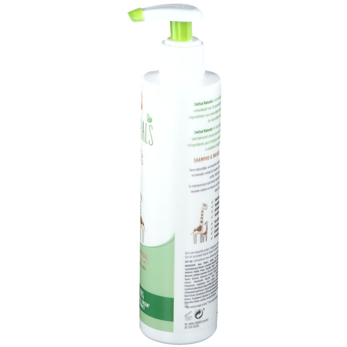 Witte fles met groene pomp. Opschrift Zwitsal Naturals. Tekst en illustraties op de achterkant. Groen-witte kleurstelling.
