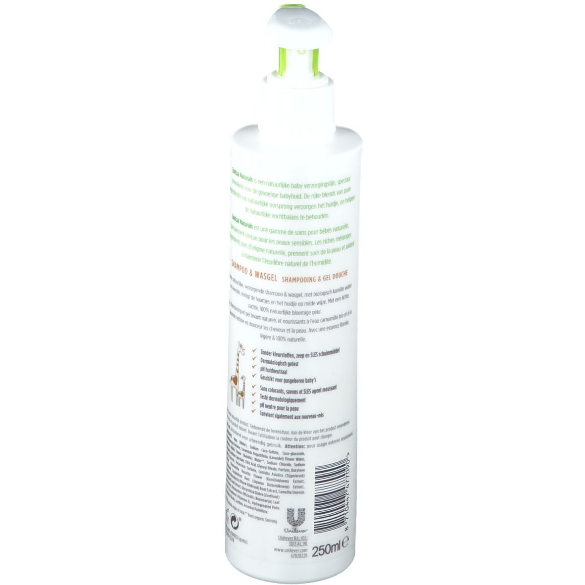 Witte fles met groene pomp. Achterkant met tekst en illustraties. Opschrift Shampoo & Wasgel. Volume 250ml.
