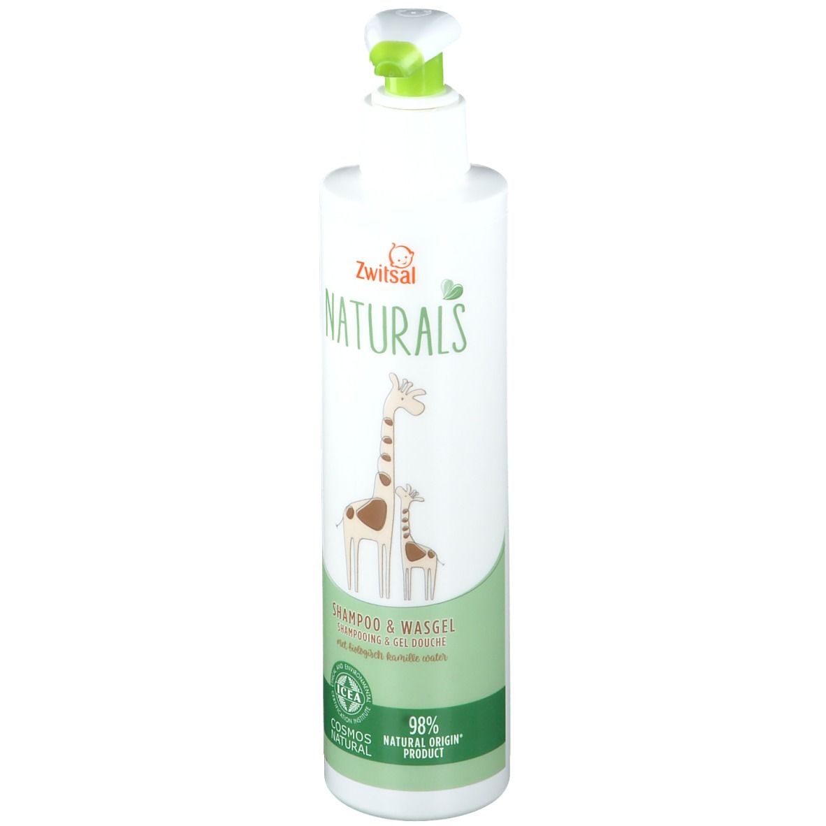 Witte fles met groene pomp. Opschrift Zwitsal Naturals, Shampoo & Wasgel. Illustratie: giraffen. COSMOS NATURAL keurmerk.