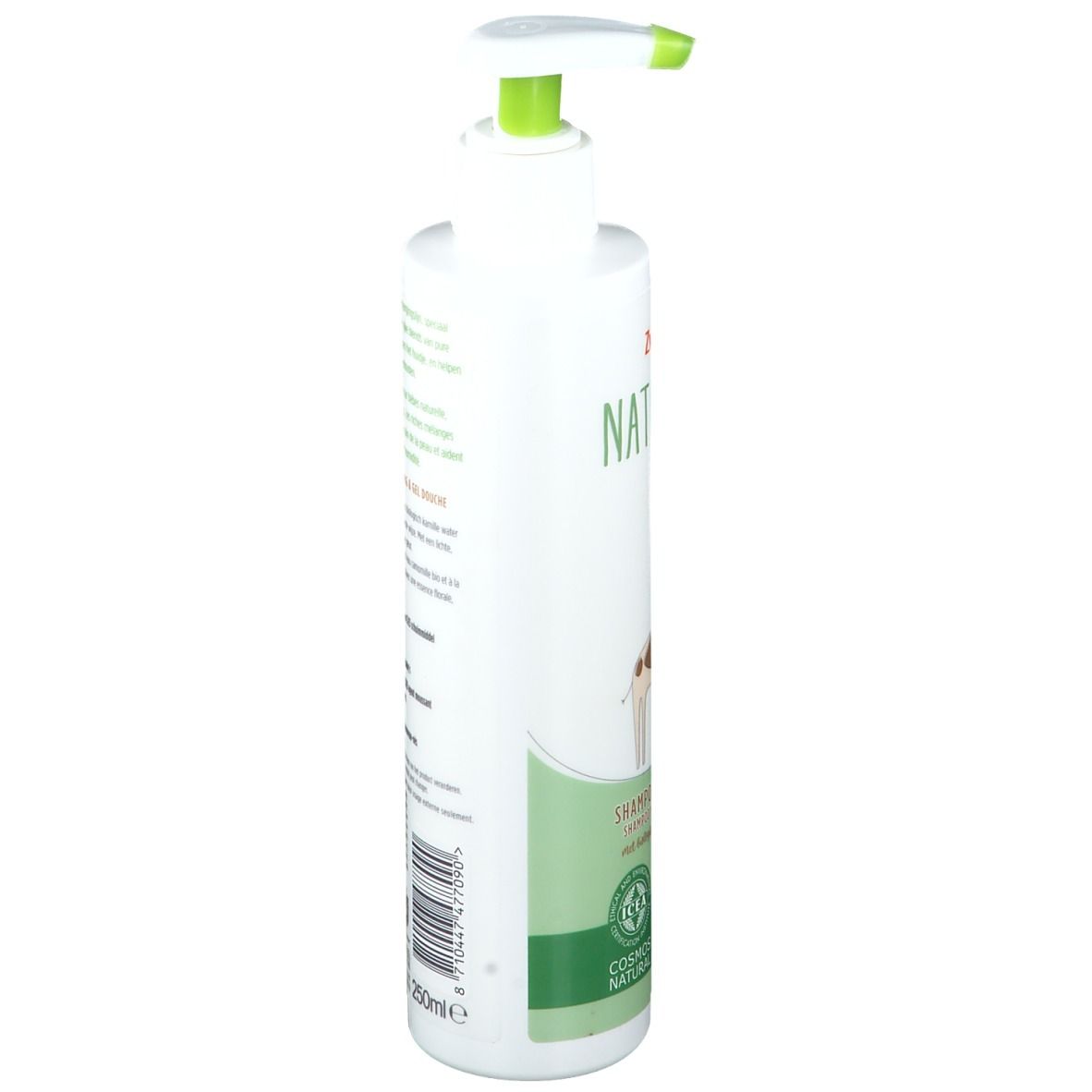 Witte fles met groene pomp. Opschrift Zwitsal Naturals. Tekst en illustraties op de achterkant. Volume 250ml.